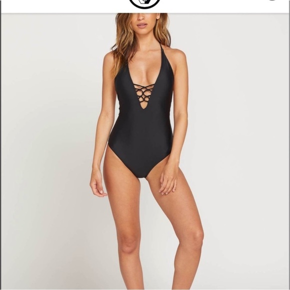 Volcom sexy one piece swimsuit black low back halter plunging v Like New - Picture 4 of 14